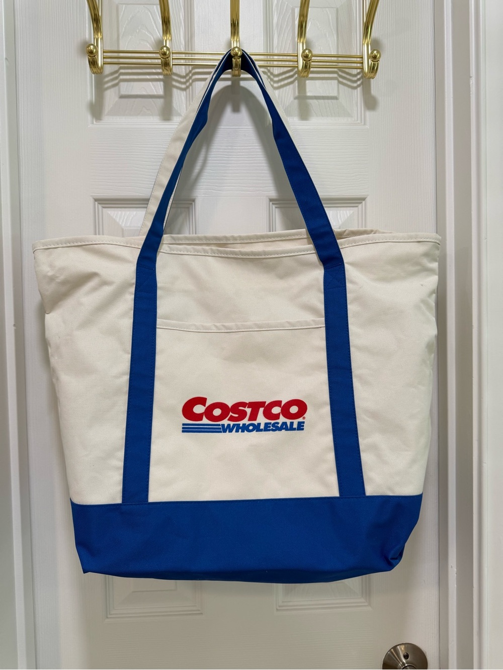 Costco Large Blue and White Zipper Cotton Canvas Shopping Tote Bag Reusable 15”